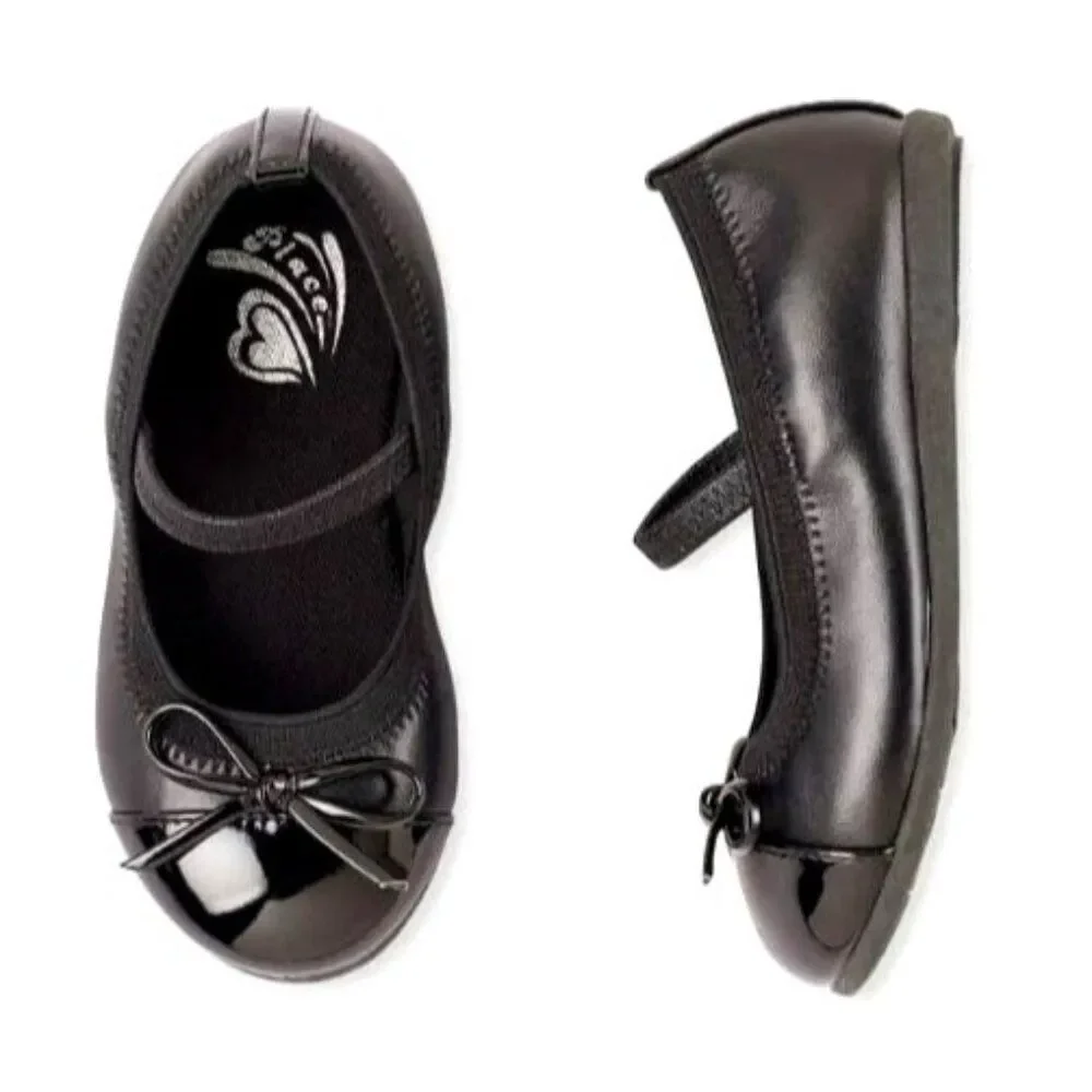 Baby Girls' Black Ballet Flats With Bow & Elastic Strap‎ Size 4